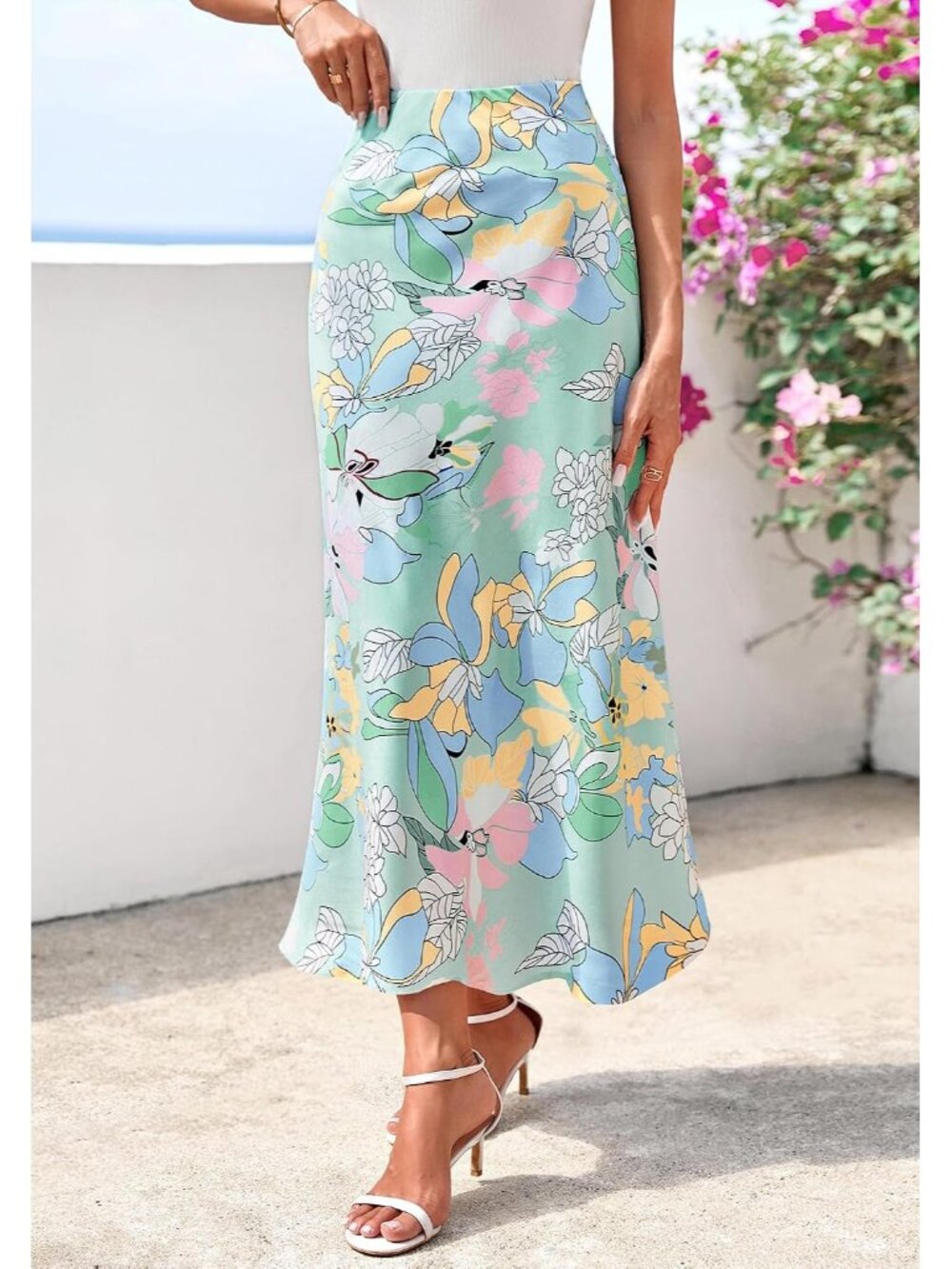 Women Big Floral Blue High Waisted A-Line Silky Flowy Bias Cut Satin Midi Skirt - Picture 6 of 6